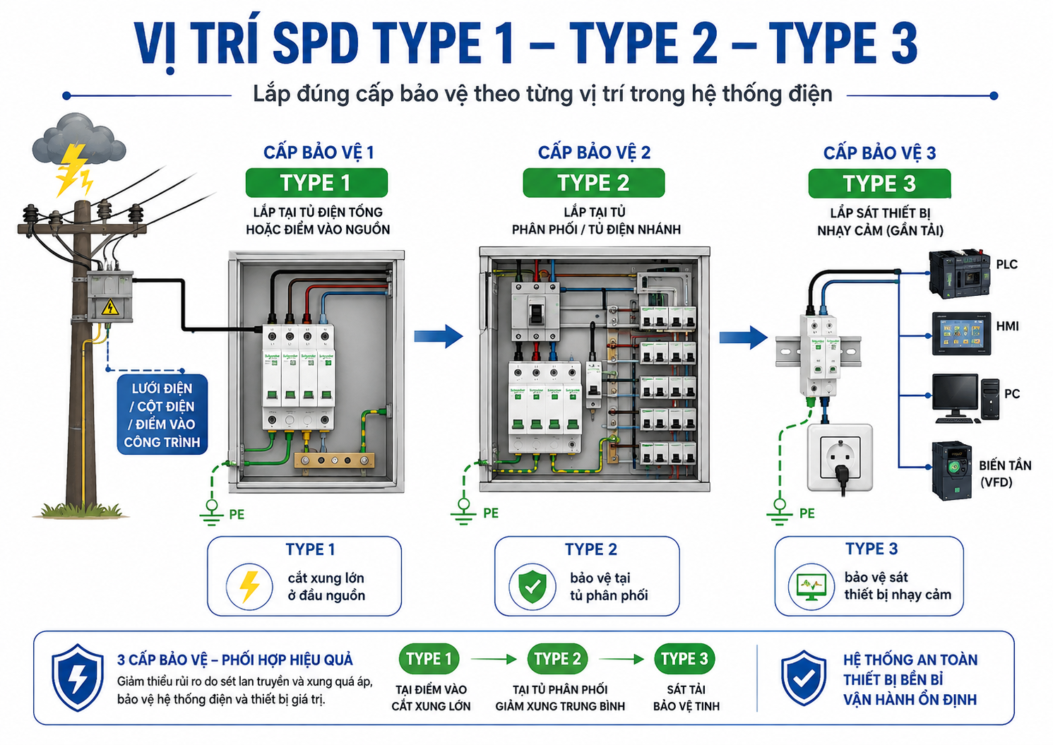 Vị trí SPD Type 1 Type 2 Type 3 trong hệ thống chống sét lan truyền Vị trí SPD Type 1 Type 2 Type 3 trong hệ thống chống sét lan truyền