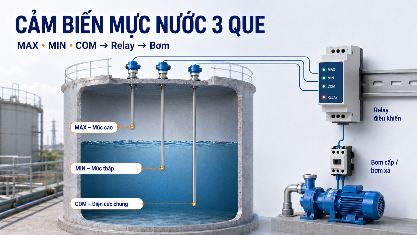 Cảm biến mực nước 3 que MAX MIN COM