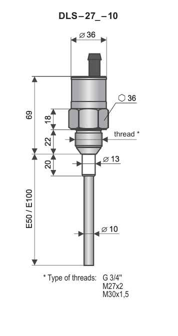 Cảm biến đo mức điện dung DLS-27-10 - Dimensional Drawing