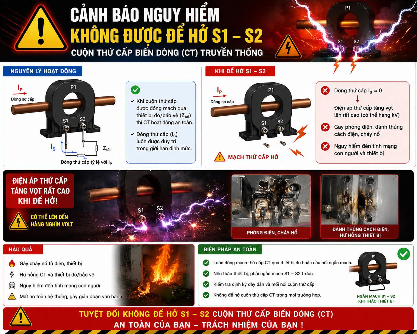 Cảnh báo nguy hiểm không để hở cuộn thứ cấp CT