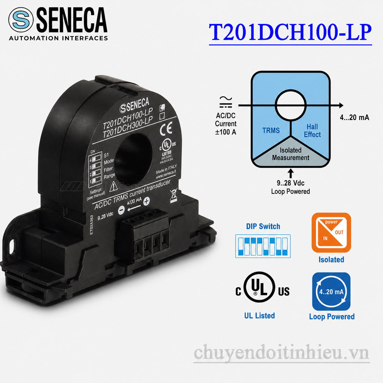Seneca T201DCH100-LP biến dòng 100A AC DC 4-20mA Seneca T201DCH100-LP biến dòng 100A AC DC 4-20mA