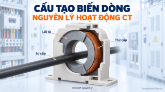 Cấu tạo biến dòng CT với sơ cấp xuyên tâm, lõi từ và cuộn thứ cấp