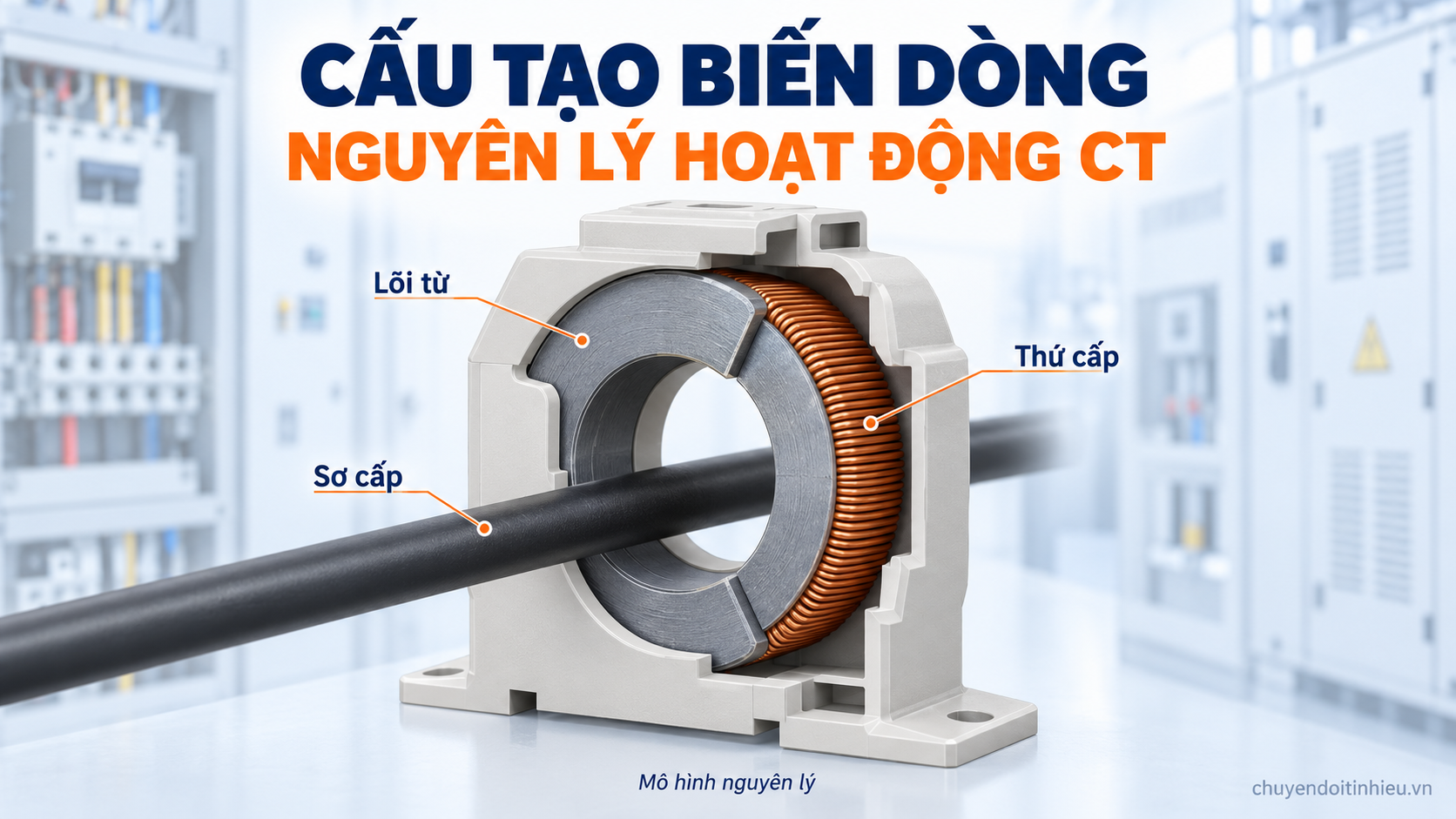 Cấu tạo biến dòng CT với sơ cấp xuyên tâm, lõi từ và cuộn thứ cấp