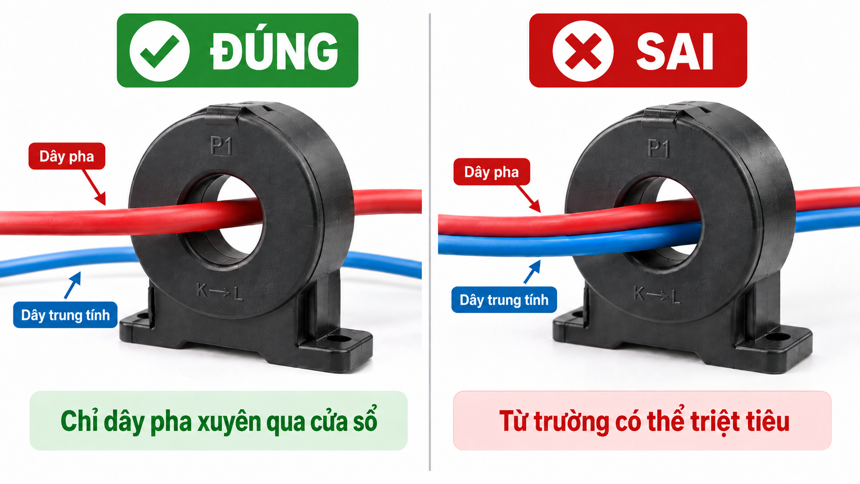 Cách luồn riêng dây pha qua cảm biến dòng AC và lỗi luồn cả pha lẫn trung tính