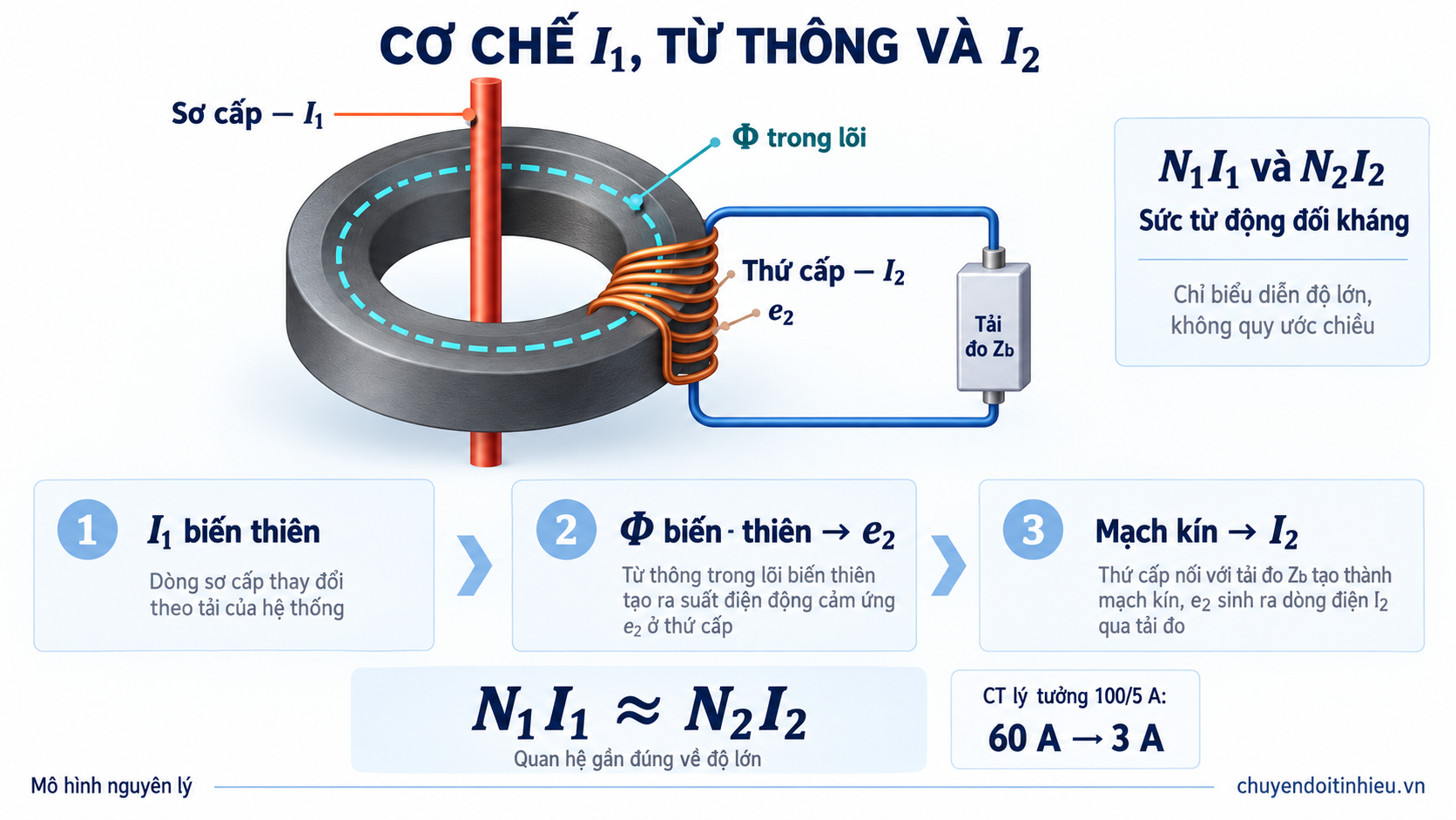 Nguyên lý biến dòng với dòng sơ cấp, từ thông biến thiên và dòng thứ cấp trong mạch kín