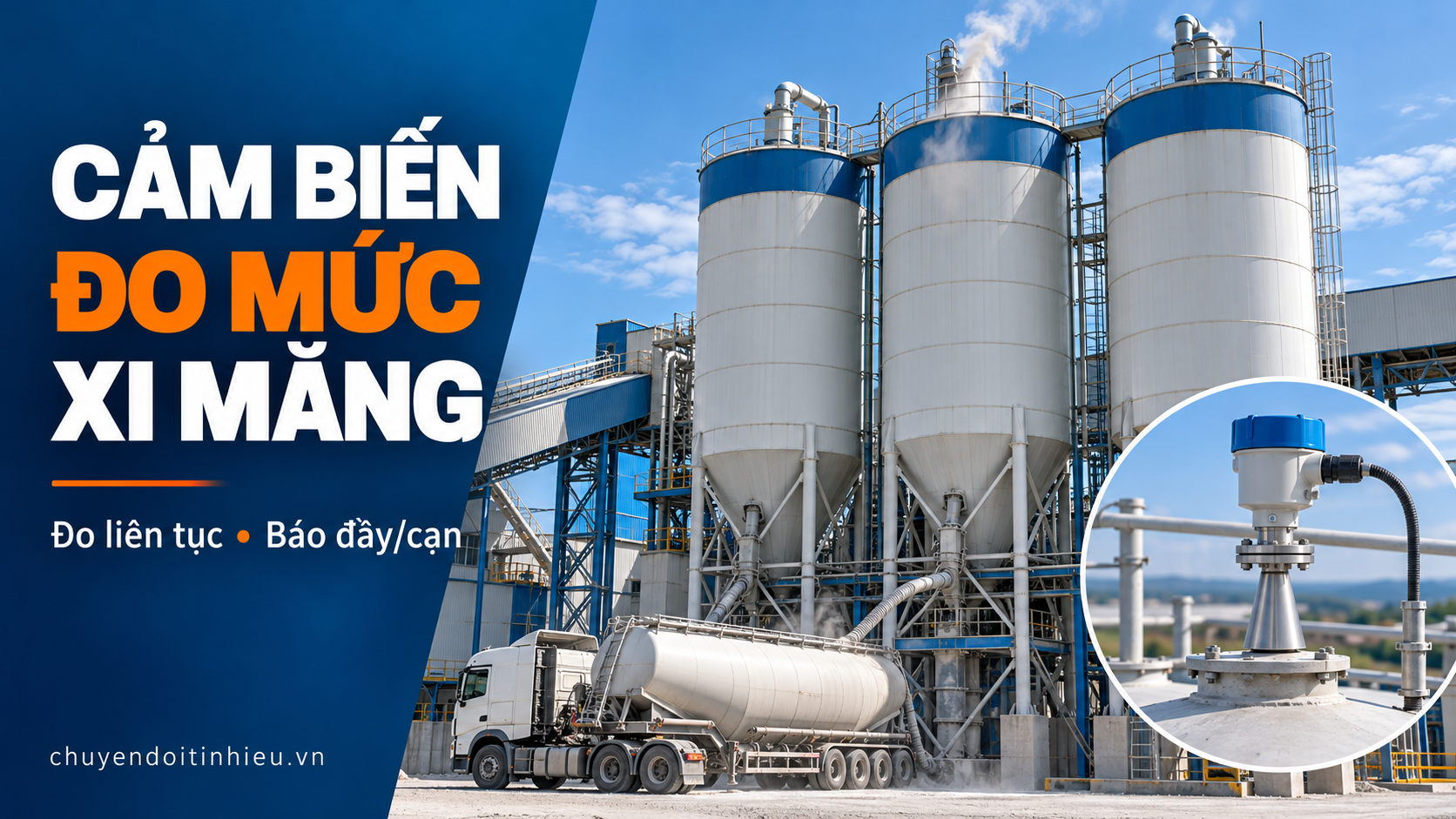 Minh họa cảm biến đo mức xi măng lắp trên silo tại trạm trộn.